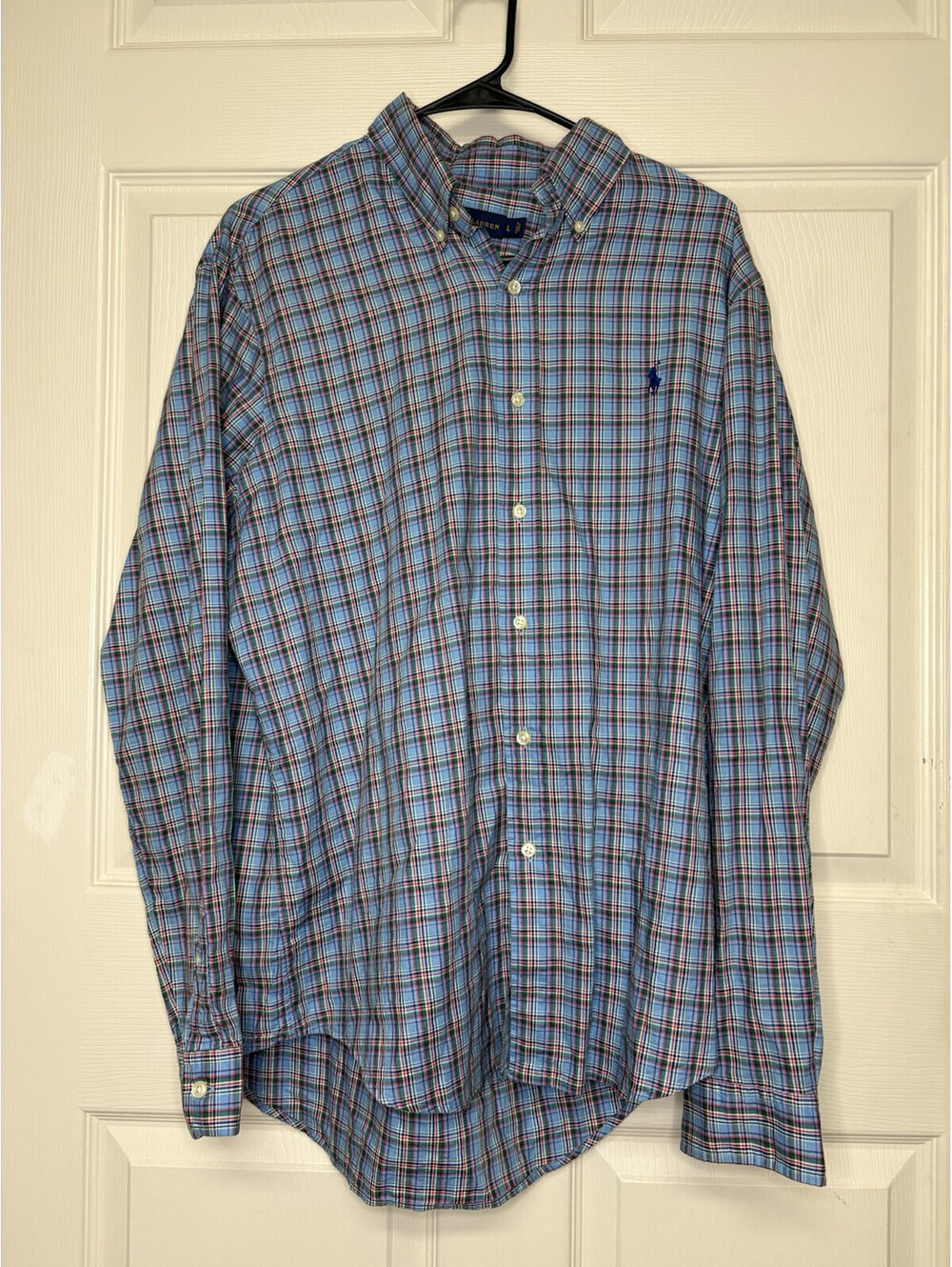 Polo Ralph Lauren Mens Button Up Large Blue/red/green Checkered PONY Logo Large!